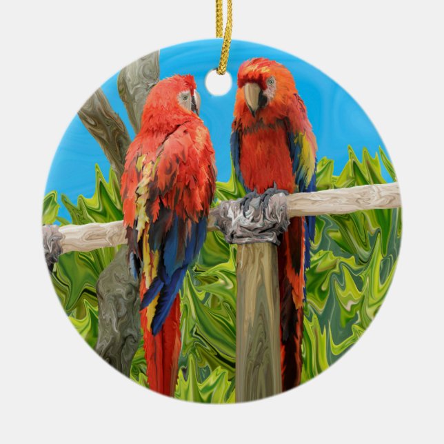 Scarlet Macaw Parrots Perching Ceramic Ornament (Front)