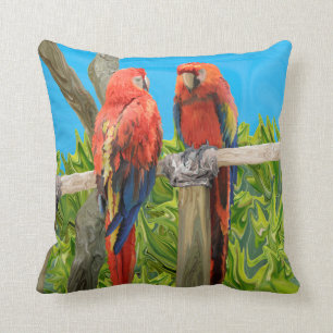 Scarlet Macaw Parrots Perching Throw Pillow