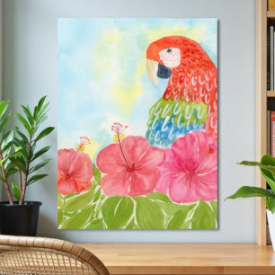 Scarlet Macaws and Pink Hibiscus Poster