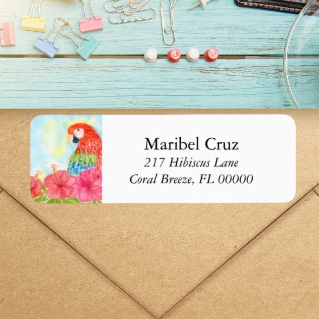 Scarlet Macaws and Pink Hibiscus Return Address (Creator Uploaded)