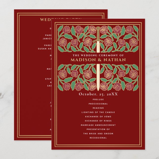 Scarlet Medieval Gold Floral Sword Royal Wedding Program (Front/Back)