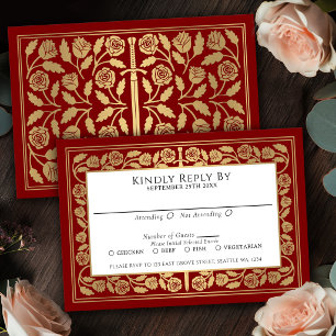 Scarlet Medieval Gold Sword Royal Wedding RSVP Card