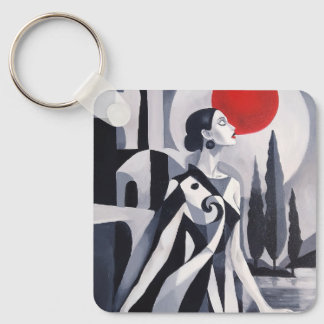 Scarlet Moon: Stylized Woman in Monochrome Landsca Keychain
