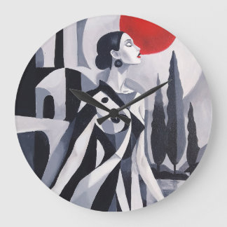 Scarlet Moon: Stylized Woman in Monochrome Landsca Large Clock