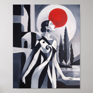 Scarlet Moon: Stylized Woman in Monochrome Landsca Poster