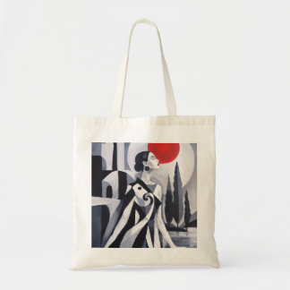 Scarlet Moon: Stylized Woman in Monochrome Landsca Tote Bag