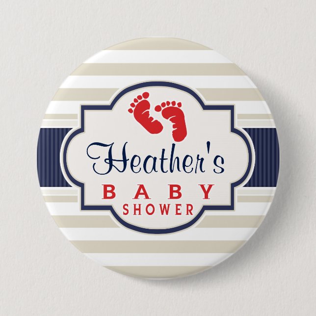 Scarlet, Navy, Eggshell Stripes Baby Shower 3 Inch Round Button (Front)