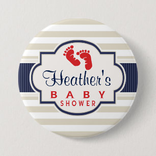 Scarlet, Navy, Eggshell Stripes Baby Shower 3 Inch Round Button
