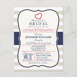 Scarlet, Navy, Eggshell Stripes Bridal Shower Invitation Postcard
