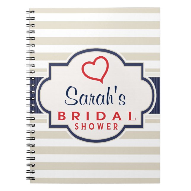 Scarlet, Navy, Eggshell Stripes Bridal Shower Notebook (Front)
