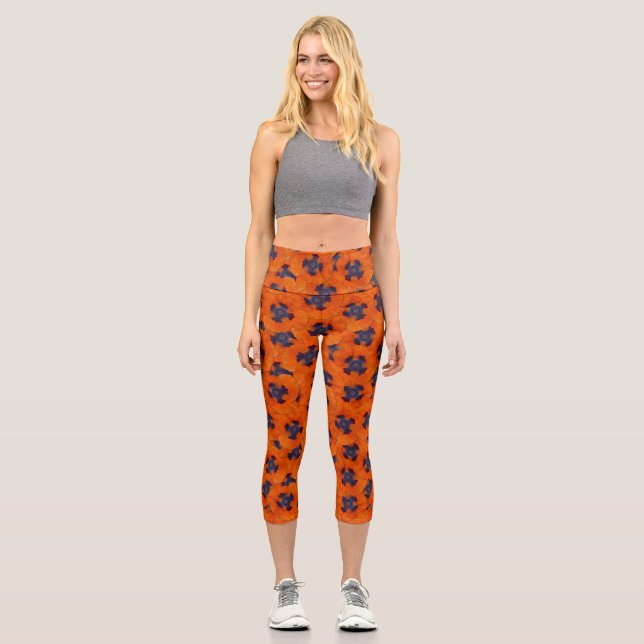 Scarlet Orange Poppy Seamless Pattern Capri Leggings (Front)