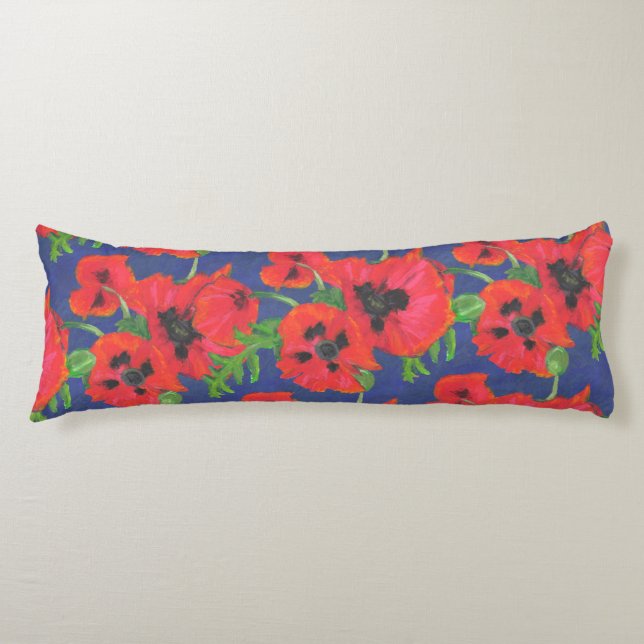 Scarlet Oriental Poppies Pattern on Blue Body Pillow (Front)