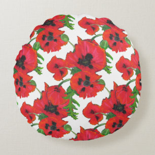 Scarlet Oriental Poppies Pattern on White Round Pillow