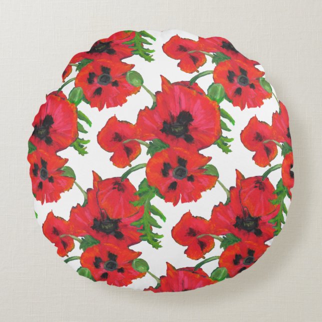 Scarlet Oriental Poppies Pattern on White Round Pillow (Front)