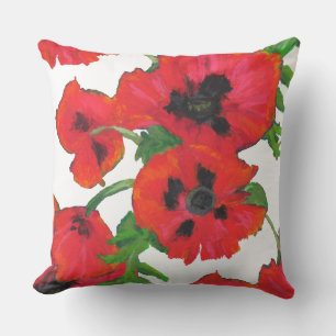 Scarlet Oriental Poppies Pattern on White Throw Pillow
