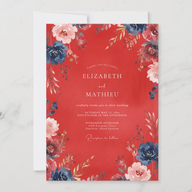 Scarlet Painted Bloom Wedding Invitation (Front)