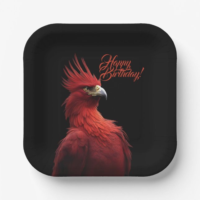 Scarlet Phoenix Sits Proudly Happy Birthday Paper Plate (Front)