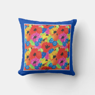 Scarlet Poppies and Bright Blue Cornflowers Throw Pillow
