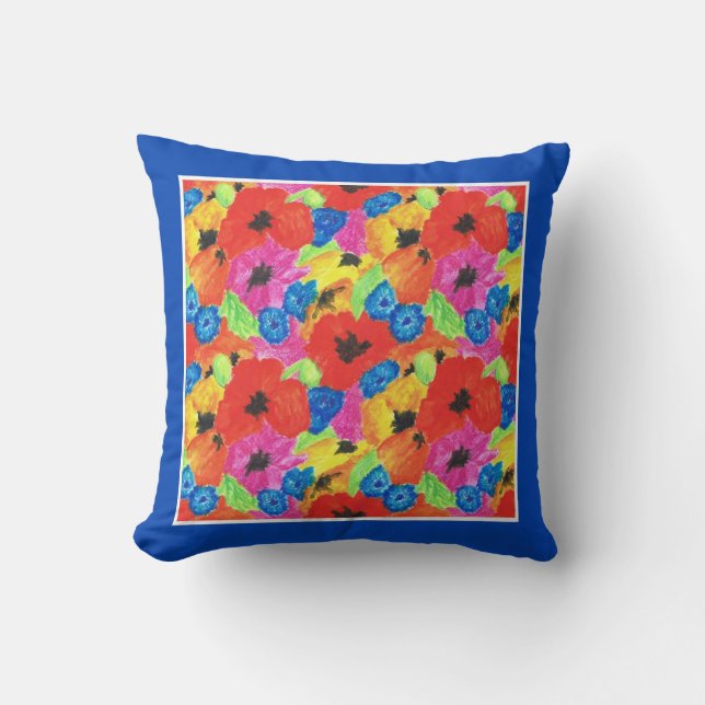 Scarlet Poppies and Bright Blue Cornflowers Throw Pillow (Front)