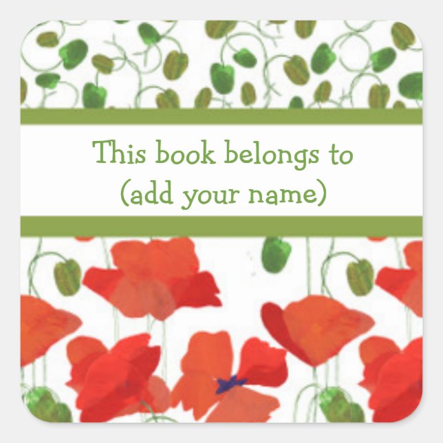 Scarlet Poppies and Poppy Buds Bookplates Square Sticker (Front)