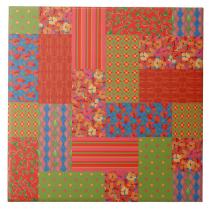 Scarlet Poppies Patterns Nostalgic Faux Patchwork Tile