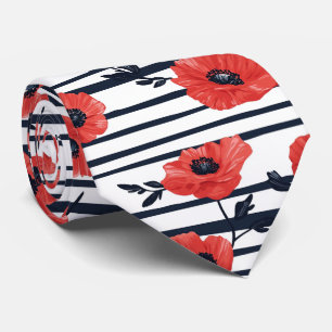 Scarlet Poppy Navy Stripe Modern Botanical Tie