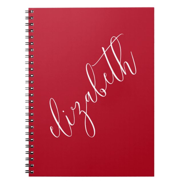 Scarlet Red and White Script Font Simple Elegant Notebook (Front)