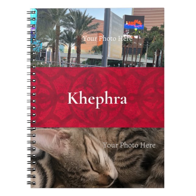 Scarlet Red Batik Name and Photo Collage Notebook (Front)