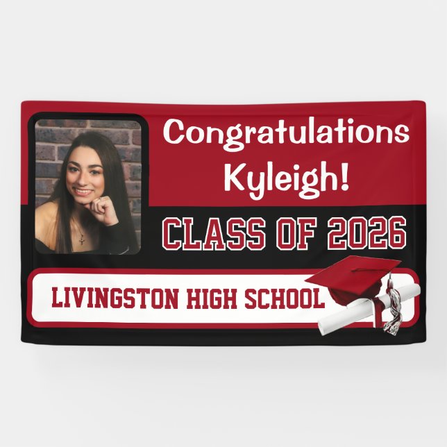 Scarlet Red & Black Graduation Banner (Horizontal)