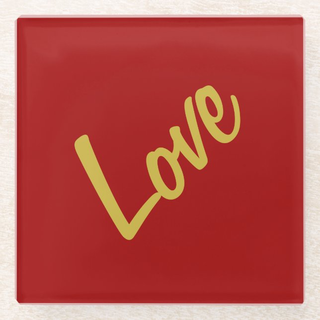 Scarlet Red Gold Colours Love Wedding Calligraphy Glass Coaster (Front)