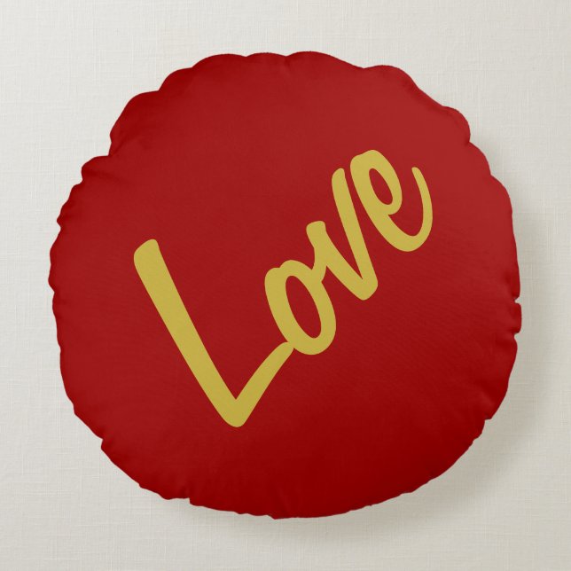Scarlet Red Gold Colours Love Wedding Calligraphy Round Pillow