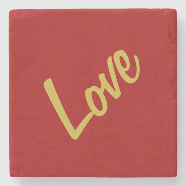Scarlet Red Gold Colours Love Wedding Calligraphy Stone Coaster (Front)