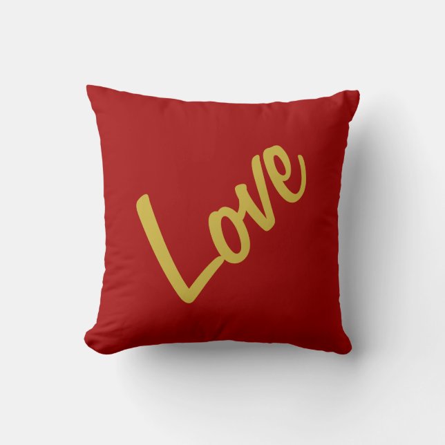 Scarlet Red Gold Colours Love Wedding Calligraphy Throw Pillow (Front)