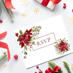 Scarlet Red Poinsettia Floral Wedding RSVP Invitation Postcard