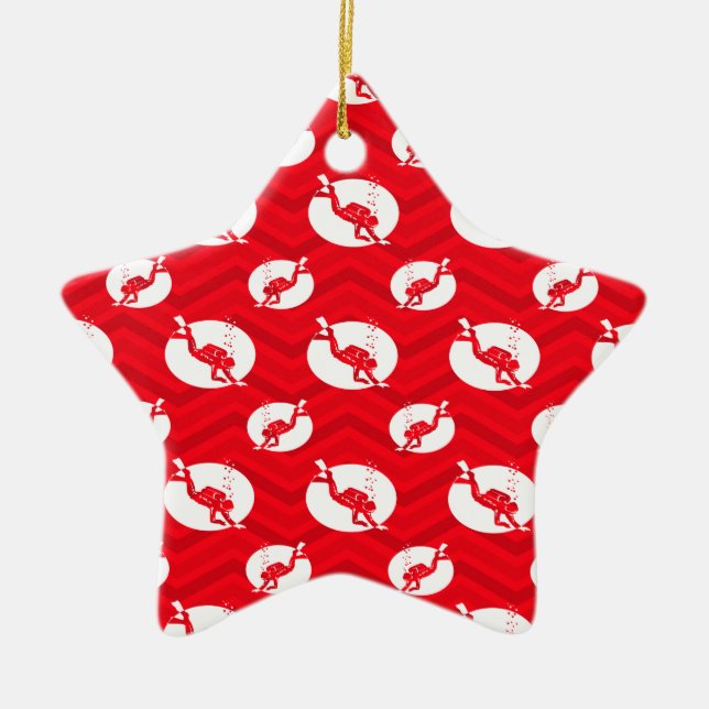 Scarlet Red, White, Chevron, Scuba Diving, Diver Ceramic Ornament (Front)