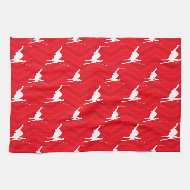 Scarlet Red, White, Chevron, Snow Ski Kitchen Towel (Horizontal)