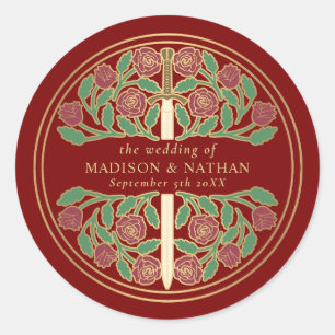 Scarlet Royal Medieval Gold Sword Wedding  Classic Round Sticker