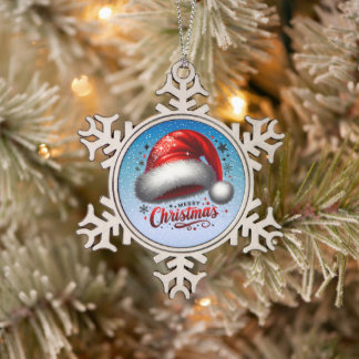 Scarlet Santa Hat Glow Snowflake Pewter Christmas Ornament