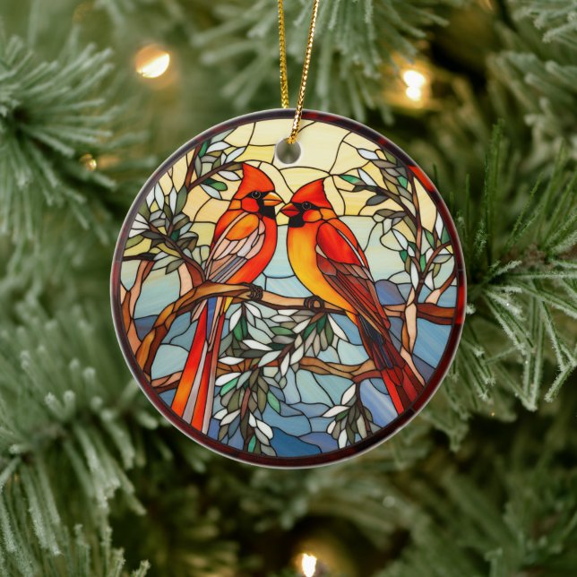 Scarlet Songbirds Stained Glass Ornament (Tree)