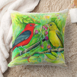 Scarlet Tanagers Bird Art Throw Pillow