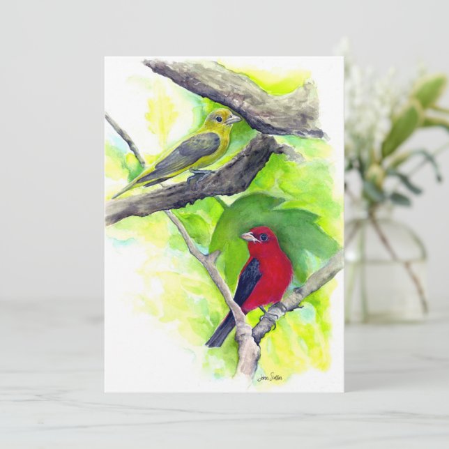 Scarlet Tanagers Birds Watercolor Painting Card (Standing Front)