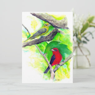 Scarlet Tanagers Birds Watercolor Painting Card