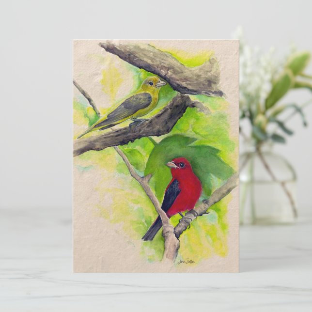 Scarlet Tanagers Birds Watercolor Painting Card (Standing Front)