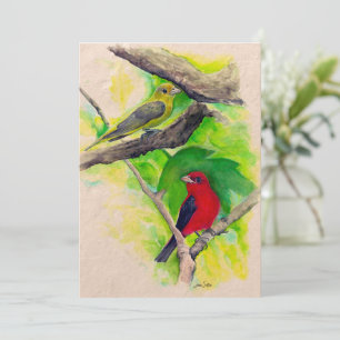 Scarlet Tanagers Birds Watercolor Painting Card