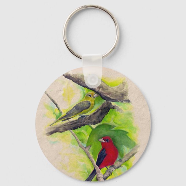 Scarlet Tanagers Birds Watercolor Painting Keychain (Front)