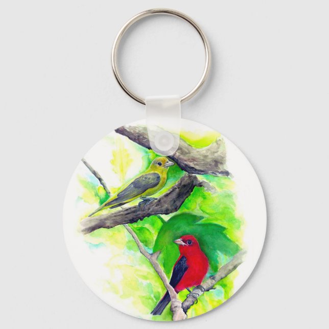 Scarlet Tanagers Birds Watercolor Painting Keychain (Front)