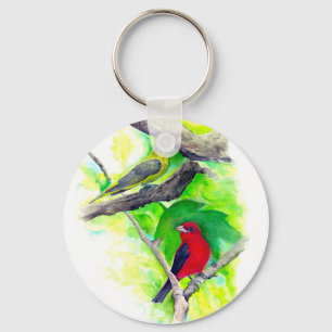 Scarlet Tanagers Birds Watercolor Painting Keychain