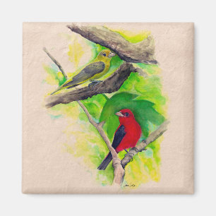 Scarlet Tanagers Birds Watercolor Painting Magnet