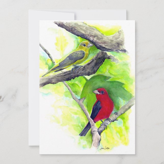Scarlet Tanagers Birds Watercolor Painting Thank You Card (Front)
