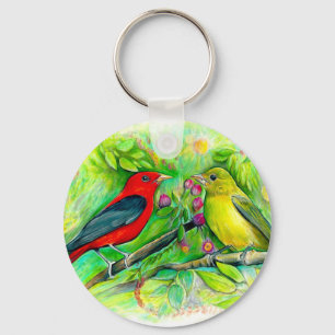  Scarlet Tanagers Watercolor Coloured Pencil Drawi Keychain